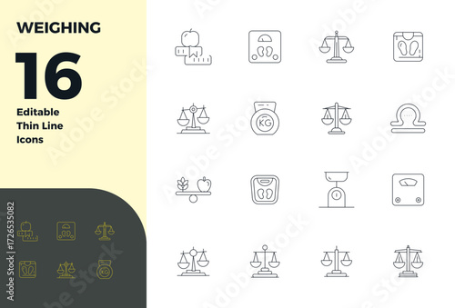 This Weighing vector icon pack includes 16 Thin Line designs in 128x128 PIXEL perfect format, perfect for enhancing digital interfaces.