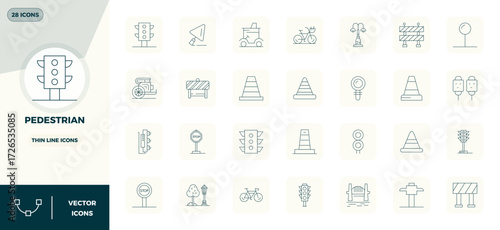Industry-leading pack of 28 Thin Line PIXEL perfect vector icons for Pedestrian, sized at 128x128 for optimal rendering and user interface excellence.
