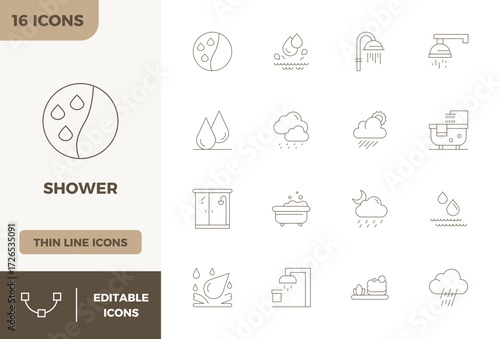 Future-ready pack of 16 vector icons themed around Shower, showcasing Minimal Line design with 128x128 PIXEL perfect clarity for innovative user interfaces.