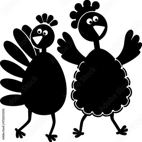 Two cartoon chickens with playful expressions stand side by side, one with fan like tail and other with scalloped body. Their wings are raised, adding to their cheerful appearance