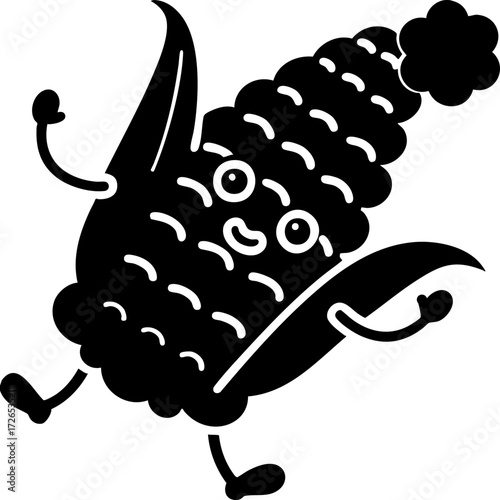 Cheerful cartoon corn character with smiling face and arms and legs is depicted in playful pose. corn is wearing hat, adding to its whimsical appearance