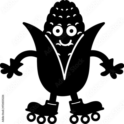 Cheerful cartoon corn character with roller skates and smiling face, featuring arms and legs, adds playful touch. character is designed in simple, monochrome style