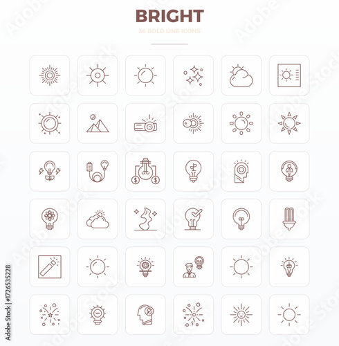 Comprehensive toolkit of 36 vector icons themed around Bright, developed in Strong Outline with 128x128 PIXEL perfect precision for versatile design applications.
