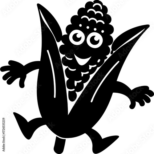 Cheerful cartoon corn character with smiling face and playful expression, featuring arms and legs, adds fun and whimsical touch. corn is depicted with husks partially open