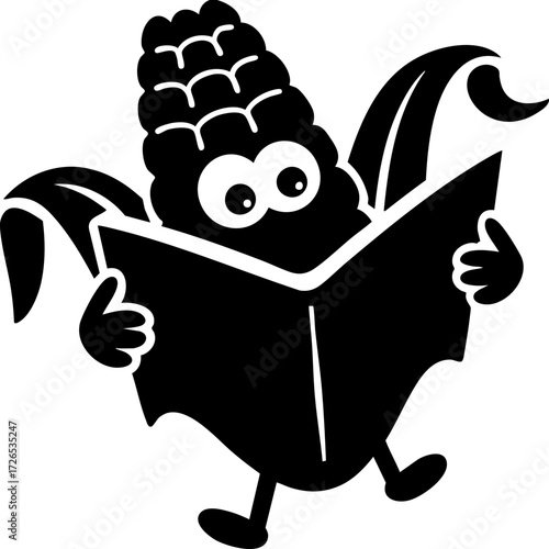 Cartoon corn character with big eyes is reading book, showcasing playful and educational theme. corn has cheerful expression, adding fun element to illustration