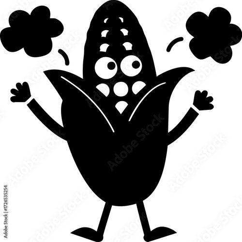 Cheerful cartoon corn character with arms and legs is depicted, exuding playful and lively vibe. character is surrounded by two cloud like shapes, adding to its whimsical appearance