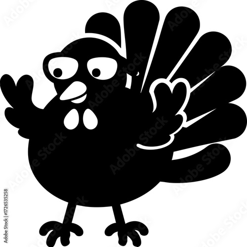 Cartoon turkey wearing sunglasses stands confidently with its wings raised, exuding cool and playful vibe. simple black and white illustration highlights turkey quirky personality