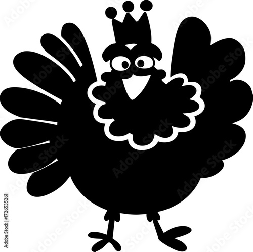 Cartoon turkey wearing crown stands proudly, showcasing its feathers in playful and whimsical style. illustration is simple and bold, with focus on turkey cheerful expression and royal accessory