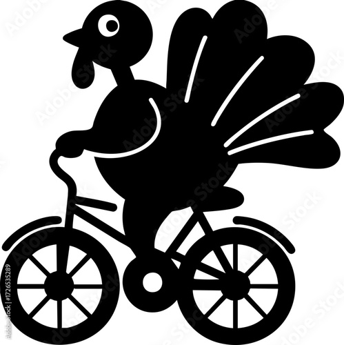 Cartoon turkey joyfully rides bicycle, showcasing whimsical and playful design. turkey feathers are spread wide, adding to humor and charm of illustration