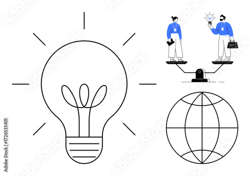 Light bulb shining for innovation, professionals balancing on scales for teamwork, globe representing global outreach. Ideal for innovation, teamwork, leadership, global thinking, equity, creativity