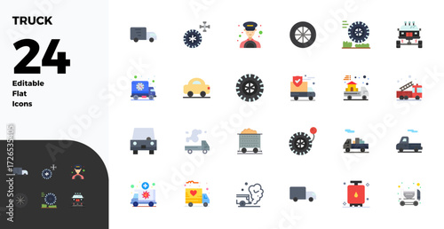 Refined bundle featuring 24 Flat vector icons for Truck, optimized with 128x128 PIXEL perfect quality for elegant and functional design solutions.