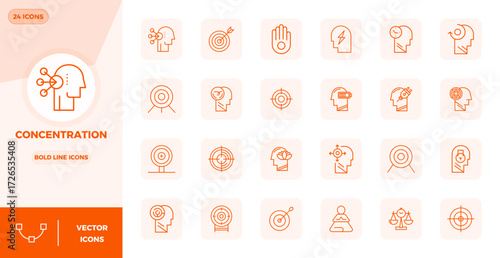 Contemporary collection of 24 vector icons representing Concentration in Bold Line aesthetic, featuring 128x128 PIXEL perfect resolution for modern application development.