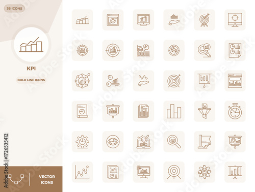 A clean collection of 36 Bold Line vector icons representing Kpi, designed in 128x128 PIXEL perfect format for modern dashboards and interfaces.