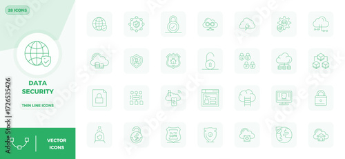 Set of 28 Thin Line PIXEL perfect vector icons themed around Data Security, crafted in 128x128 resolution for seamless integration in apps and websites.