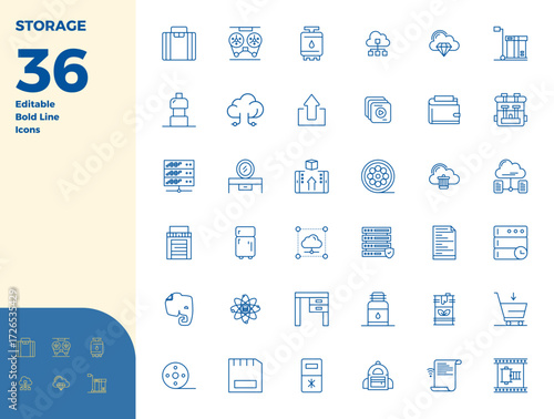 Comprehensive bundle featuring 36 vector icons in Bold Line design for Storage, delivered in crisp 128x128 PIXEL perfect quality.