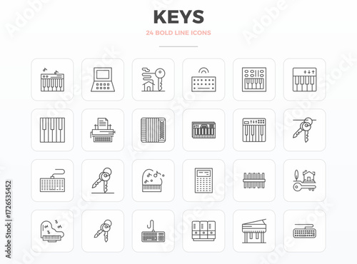 Set of 24 Strong Outline PIXEL perfect vector icons themed around Keys, crafted in 128x128 resolution for seamless integration in apps and websites.