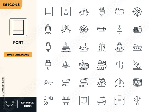High-performance collection of 36 Heavy Line vector icons for Port, engineered with 128x128 PIXEL perfect resolution for optimal user interface design.