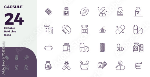 Essential pack of 24 PIXEL perfect vector icons for Capsule in Bold Line format, sized at 128x128 for optimal performance and scalability.