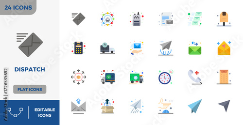 This collection features 24 Flat Color PIXEL perfect vector icons tailored to the Dispatch theme, optimized in 128x128 format for digital design.