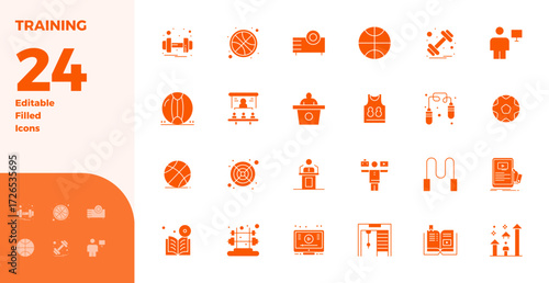 Precision-engineered 24 Glyph Filled vector icons for Training, designed at 128x128 PIXEL perfect resolution for exceptional clarity and scalability.