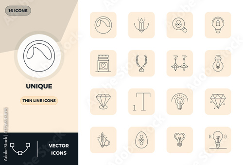 Vector pack with 16 Thin Line PIXEL perfect icons inspired by Unique, delivered in 128x128 resolution ideal for scalable and creative design work.