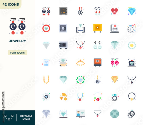 Handcrafted collection featuring 42 Flat Color vector icons for Jewelry, optimized in 128x128 PIXEL perfect resolution for premium digital experiences.