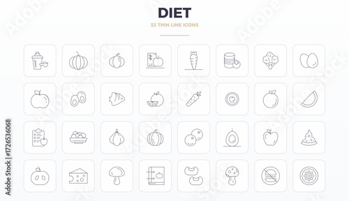 Industry-leading pack of 32 Thin Outline PIXEL perfect vector icons for Diet, sized at 128x128 for optimal rendering and user interface excellence.