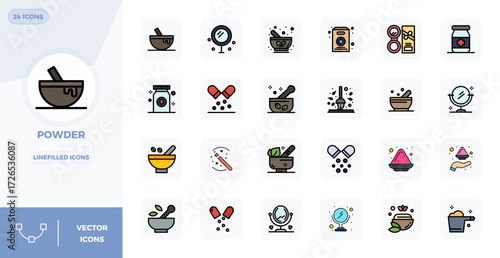 Collection of 24 LineFilled PIXEL perfect vector icons for Powder, designed in 128x128 format for clarity and versatility.