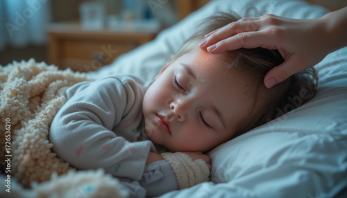 Child sleeping in bed, parent touching forehead to check temperature, concept of fever in children.