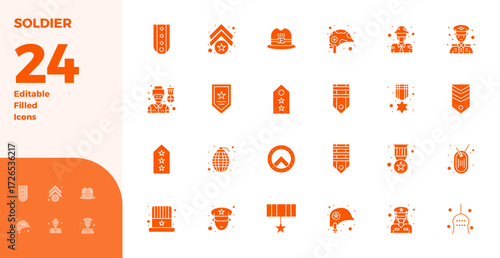 Future-ready pack of 24 vector icons themed around Soldier, showcasing Glyph Filled design with 128x128 PIXEL perfect clarity for innovative user interfaces.