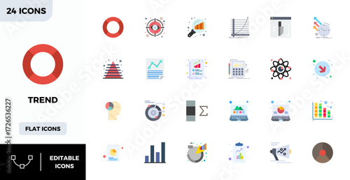 Future-ready pack of 24 vector icons themed around Trend, showcasing Flat Color design with 128x128 PIXEL perfect clarity for innovative user interfaces.