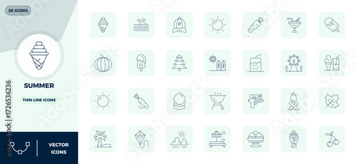 Masterfully created 28 vector icons representing Summer in Thin Line design, featuring 128x128 PIXEL perfect resolution for exceptional visual quality.