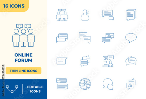 Exceptional collection of 16 Minimal Line vector icons for Online Forum, delivered in 128x128 PIXEL perfect resolution for unparalleled visual excellence and usability.