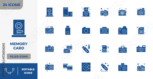 Vector pack with 24 Filled PIXEL perfect icons inspired by Memory Card, delivered in 128x128 resolution ideal for scalable and creative design work.