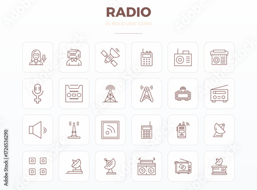 A dynamic set of 24 vector icons in Strong Outline, tailored for Radio with 128x128 PIXEL perfect quality suited for digital products.
