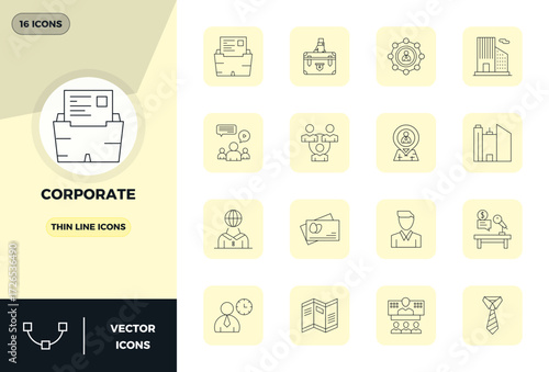 High-performance collection of 16 Thin Line vector icons for Corporate, engineered with 128x128 PIXEL perfect resolution for optimal user interface design.