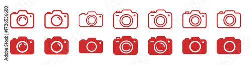 Extensive set of red camera icons in outline and solid styles with various body shapes and lens details, representing photography, video, and multimedia concepts for modern technology.