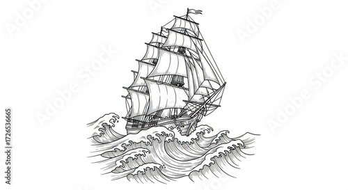 Wallpaper Mural Majestic Sailing Ship on Turbulent Waves Engraving Cross Hatching Style Torontodigital.ca
