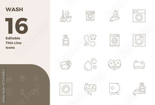 This set of 16 Thin Line vector icons captures Wash themes in 128x128 PIXEL perfect quality, perfect for tech and business applications.