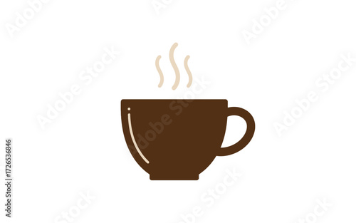 A simple flat vector illustration of a steaming hot brown coffee cup on a clean white background.