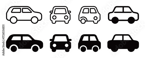 Different styles of black and white car icons viewed from the side and front, representing automobiles, travel, and transportation for web or print design projects.