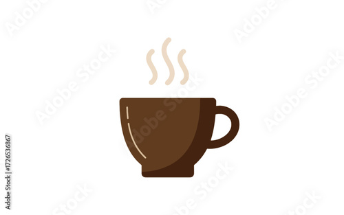 A simple, flat illustration of a steaming brown coffee cup on a white background.