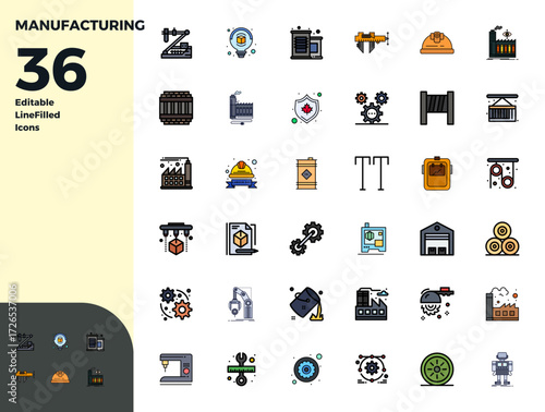 Set of 36 Duotone PIXEL perfect vector icons themed around Manufacturing, crafted in 128x128 resolution for seamless integration in apps and websites.