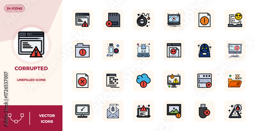 This collection features 24 LineFilled PIXEL perfect vector icons tailored to the Corrupted theme, optimized in 128x128 format for digital design.