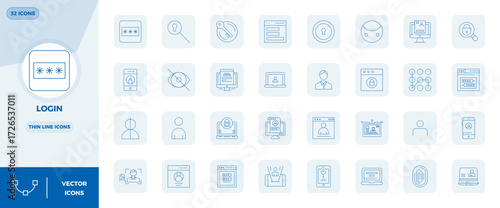 Explore 32 Thin Line PIXEL perfect vector icons in 128x128 resolution inspired by Login. Perfect for web and app interfaces.
