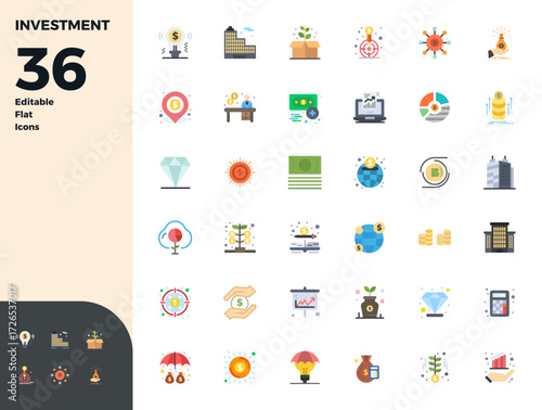 Download 36 scalable Flat vector icons designed for Investment, featuring PIXEL perfect 128x128 resolution suitable for professional and creative projects.