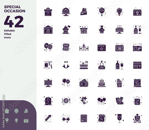 Beautifully rendered 42 Glyph Filled PIXEL perfect vector icons for Special Occasion, created at 128x128 resolution for stunning visual consistency across platforms.