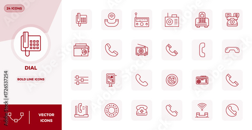 This collection features 24 Bold Line PIXEL perfect vector icons tailored to the Dial theme, optimized in 128x128 format for digital design.