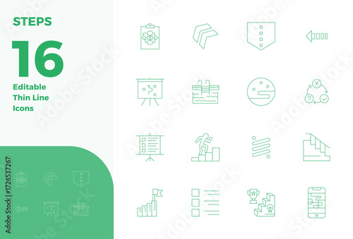A clean collection of 16 Thin Line vector icons representing Steps, designed in 128x128 PIXEL perfect format for modern dashboards and interfaces.