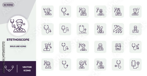 Revolutionary set of 24 PIXEL perfect vector icons inspired by Stethoscope, created in Bold Line format at 128x128 resolution for cutting-edge design.